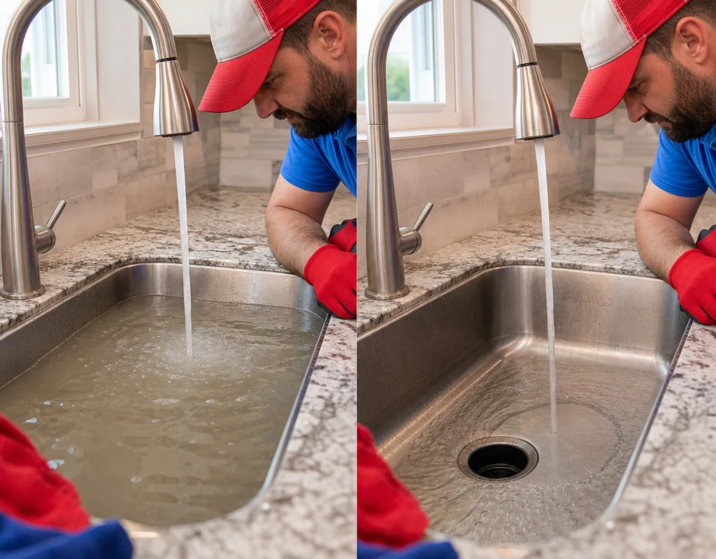 Before and after kitchen sink flow test showing pooled water before service and free drainage after hydro jetting