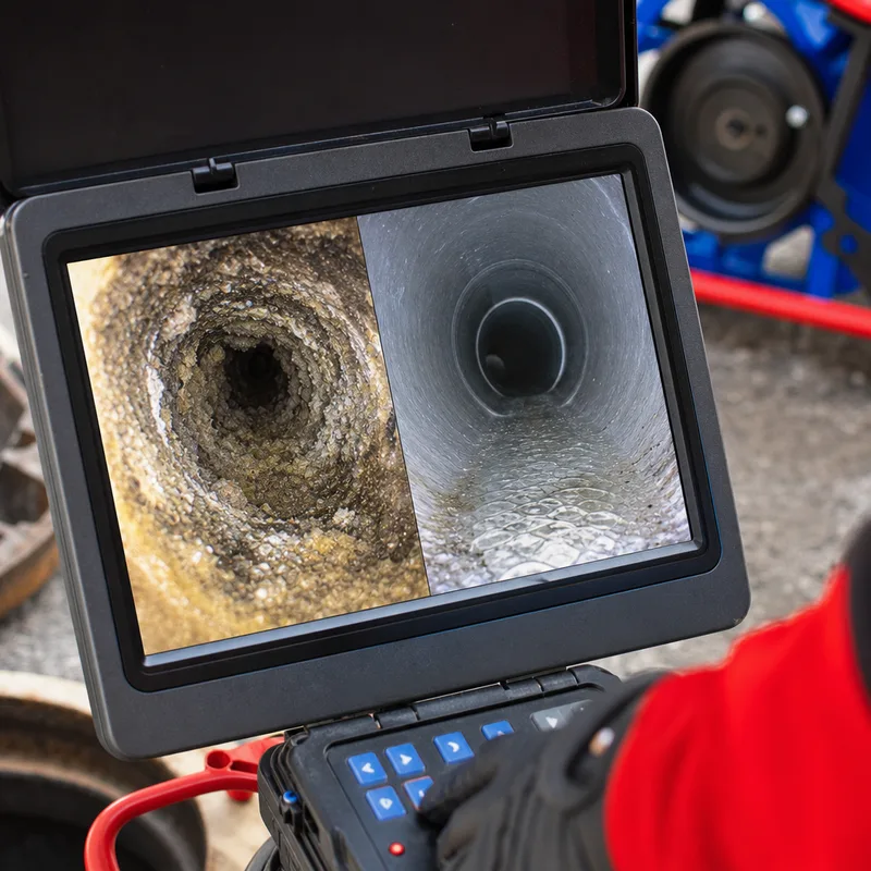 Sewer camera monitor showing heavy pipe buildup transitioning to a cleaner section after jetting
