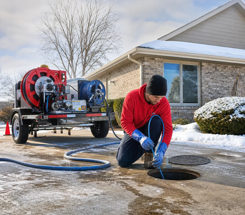 Technician setting up hydro jetting equipment outside a Franklin home with hoses routed safely to a drain cleanout