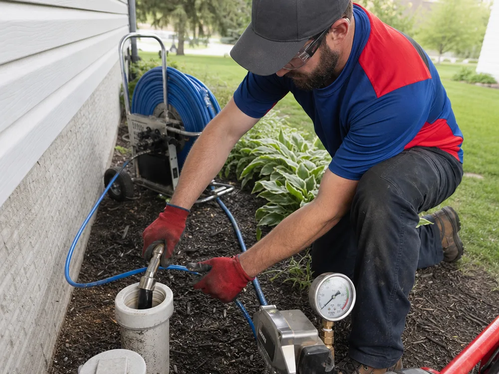 Hydro jetting hose and nozzle at a drain cleanout with pressure gauge visible as a protected technician works