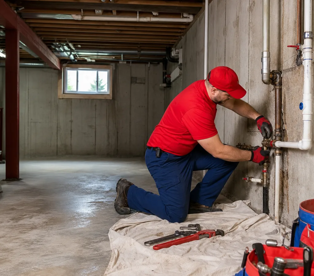 Plumber replacing a damaged section of water piping in a Franklin residential basement while protecting the floor with a drop cloth