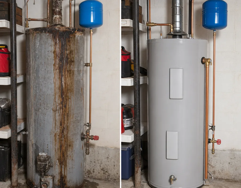 Before and after view of a corroded water heater and its replacement with clean connections and tidy piping