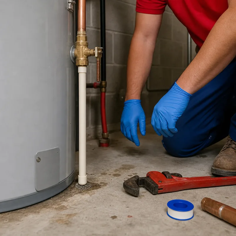 Properly installed temperature and pressure relief valve discharge pipe terminating safely without kinks or upward traps