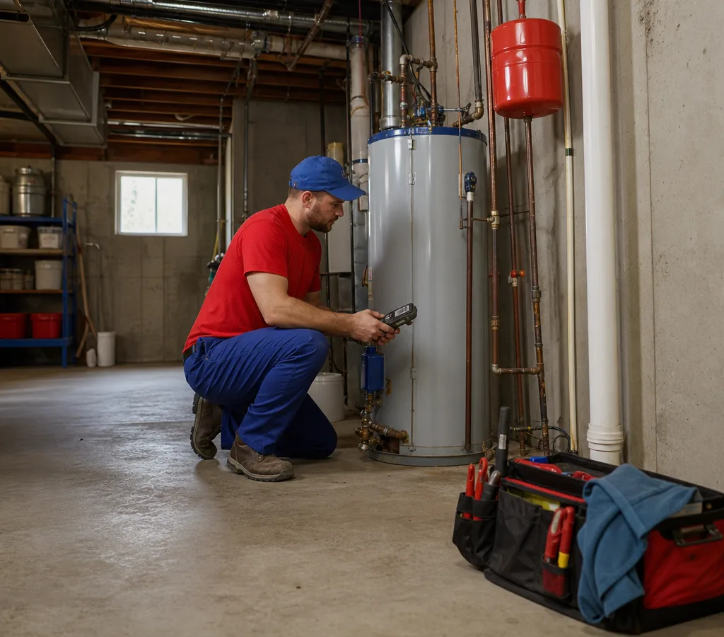 Licensed technician inspecting a residential water heater in a Franklin, Wisconsin basement utility area