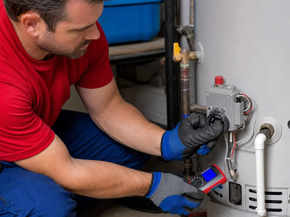 Technician testing a water heater gas control and inspecting the temperature and pressure relief valve discharge line