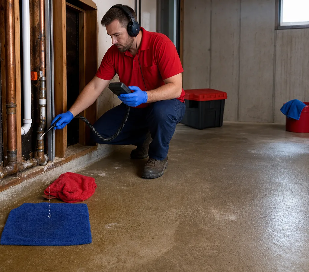 Technician using electronic leak detection equipment near an exposed water line in a residential basement
