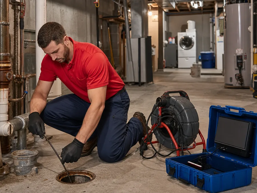Plumber inspecting a basement floor drain and cleanout for a backup