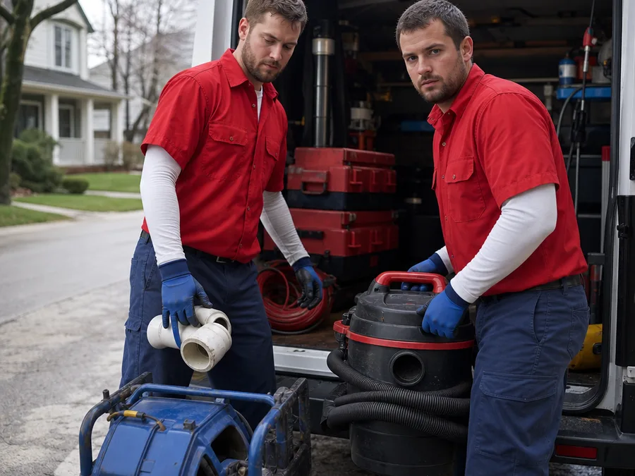 Two plumbers loading emergency plumbing equipment from a service vehicle before a Franklin call